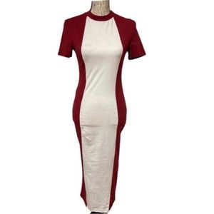 SHEIN Bodycon Mock Collar Long Midi Dress Cream Red Women's Size M|6